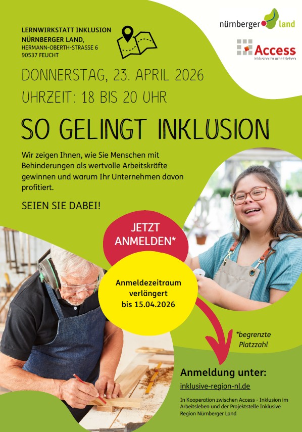 Einladung: So gelingt Inklusion am 23. April 2026 von 18:00 bis 20:00. Eine Veranstaltung für Unternehmen, die ihr Team inklusiv gestalten möchten. Klick zur Anmeldung.